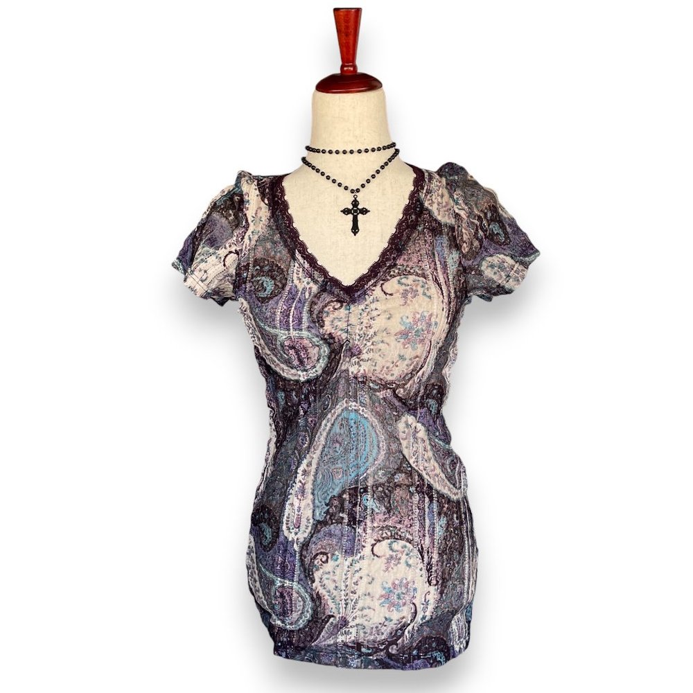 Paisley Lace Y2K Semi-Sheer Purple Top Size M